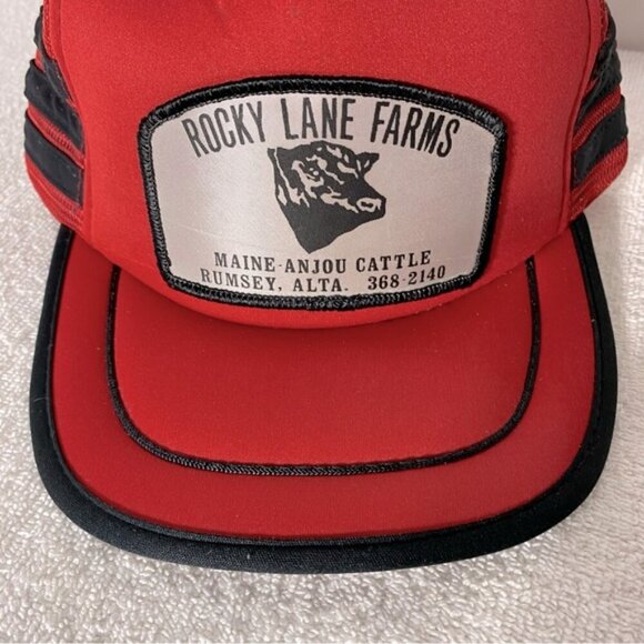 Vintage Red Black Rocky Lane Farms Mesh Back Snap Back Trucker Hat - Picture 10 of 10